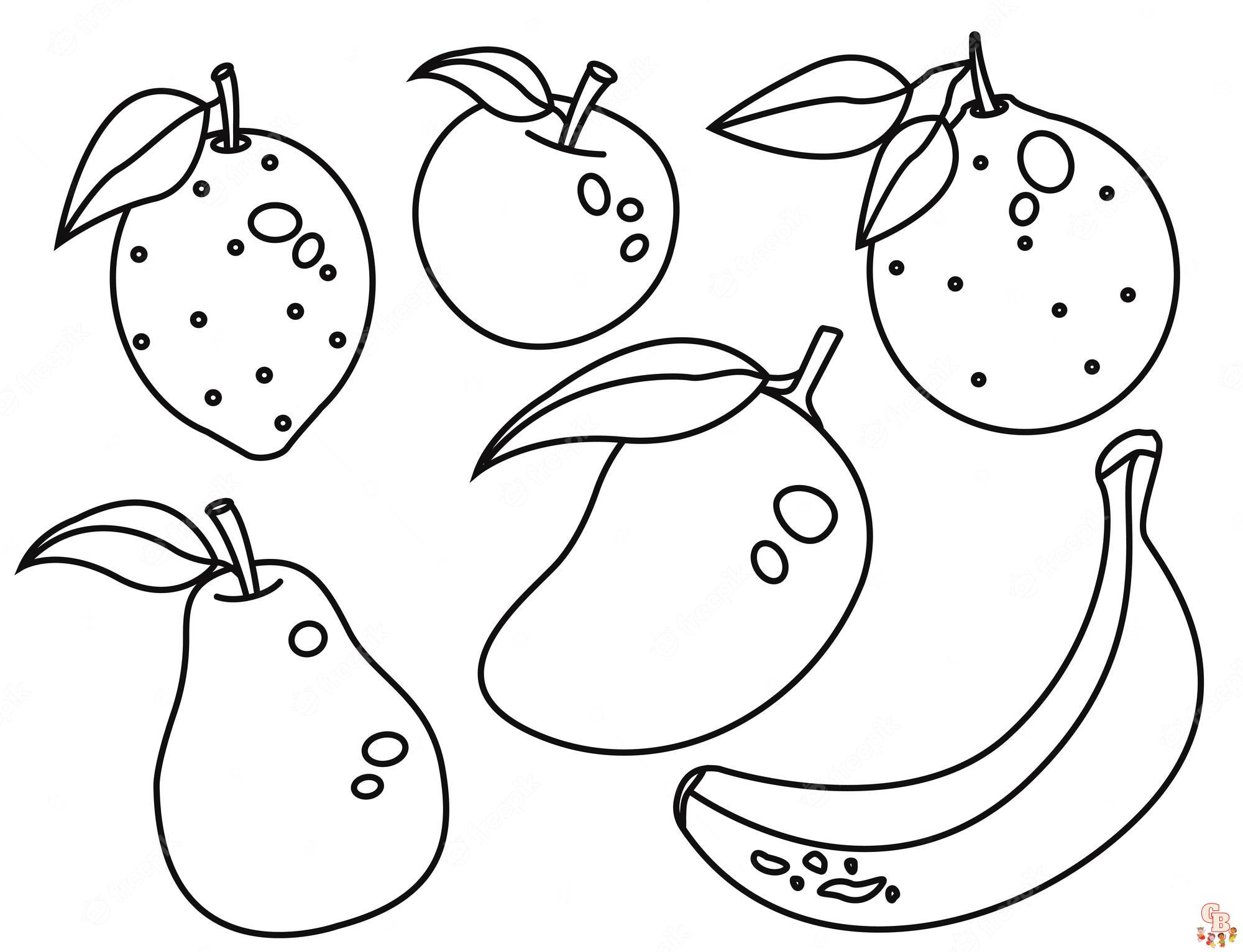 Gratis fruitkleurplaten - Aardbeien, bananen, sinaasappels, appels en meer